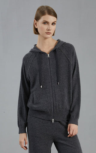 Graphite gray cashmere hooded zip cardigan, zip front and ribbed cuffs