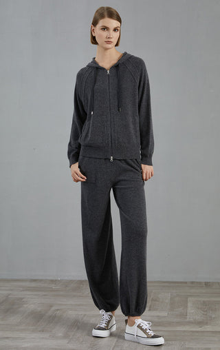 Graphite gray cashmere hooded zip cardigan with hood, zipper closure, and long sleeves