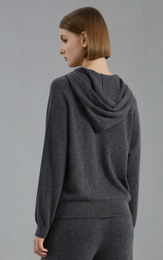 Graphite gray cashmere hooded zip cardigan, back view with hood and ribbed waistband