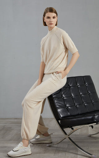 Apricot cashmere wide-leg lounge pants, full-length relaxed drape with elastic waist