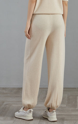 Apricot cashmere wide-leg lounge pants, close front view with roomy leg opening