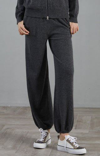 Dark gray cashmere wide-leg lounge pants with elastic waist and ankle cuffs
