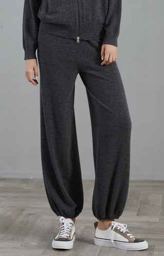 Dark gray cashmere wide-leg lounge pants, front view with relaxed tapered leg