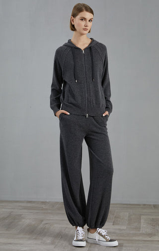 Dark gray cashmere wide-leg lounge pants, full-length with elastic waistband and cuffs