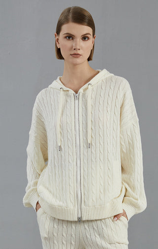 Women's Merino Wool Cable Knit Hooded Zip Cardigan