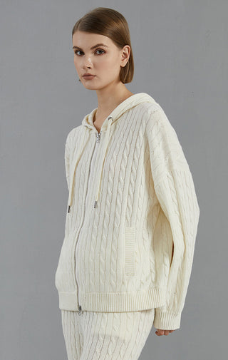 Women's Merino Wool Cable Knit Hooded Zip Cardigan