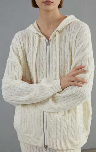 Women's Merino Wool Cable Knit Hooded Zip Cardigan