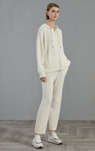 Women's Merino Wool Cable Knit Hooded Zip Cardigan