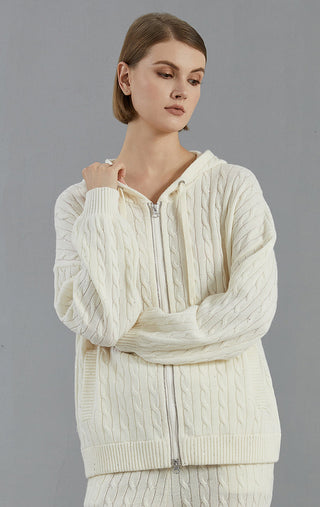 Women's Merino Wool Cable Knit Hooded Zip Cardigan