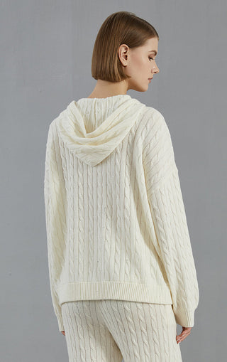 Women's Merino Wool Cable Knit Hooded Zip Cardigan