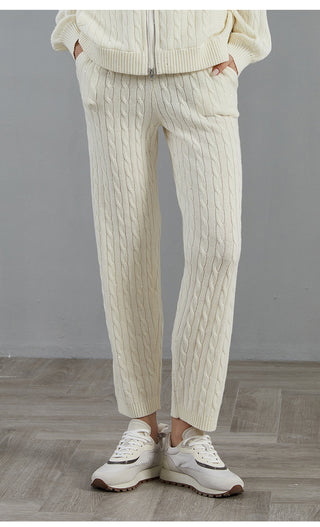 White wool cable-knit wide-leg pants with ribbed cuffs, ankle length