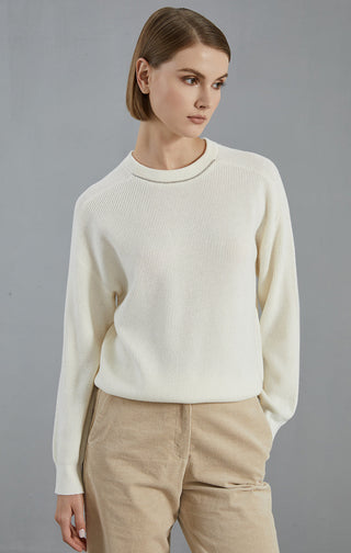 Wool Ribbed Crewneck Sweater Beaded Chain - serathinan 