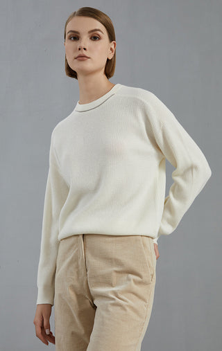 Wool Ribbed Crewneck Sweater Beaded Chain - serathinan 