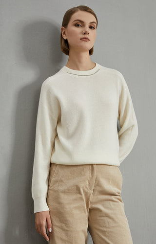Wool Ribbed Crewneck Sweater Beaded Chain - serathinan 