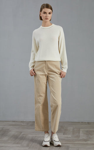 Wool Ribbed Crewneck Sweater Beaded Chain - serathinan 