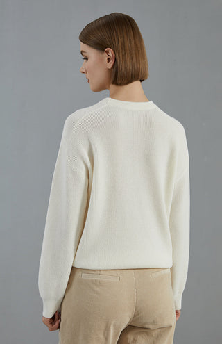 Wool Ribbed Crewneck Sweater Beaded Chain - serathinan 