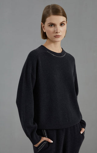 Wool Ribbed Crewneck Sweater Beaded Chain - serathinan 