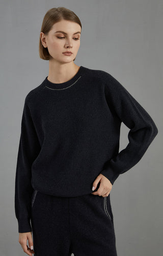 Wool Ribbed Crewneck Sweater Beaded Chain - serathinan 