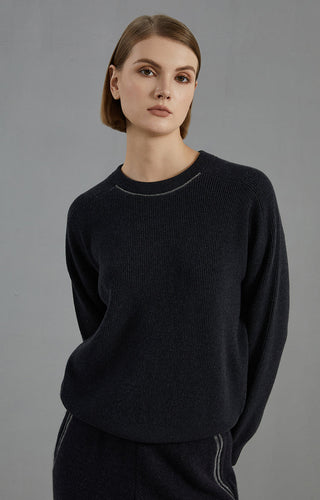 Wool Ribbed Crewneck Sweater Beaded Chain - serathinan 
