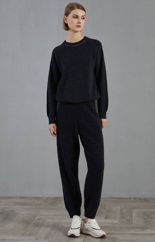 Wool Ribbed Crewneck Sweater Beaded Chain - serathinan 