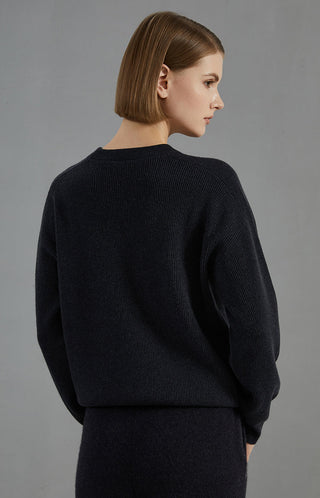 Wool Ribbed Crewneck Sweater Beaded Chain - serathinan 