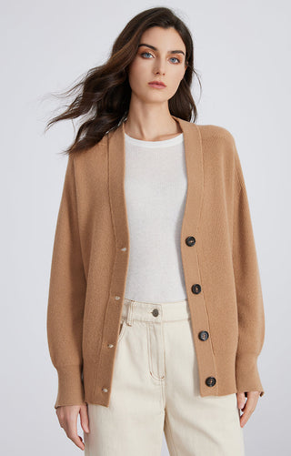Brown wool ribbed button cardigan with notch V-neck and dark round buttons