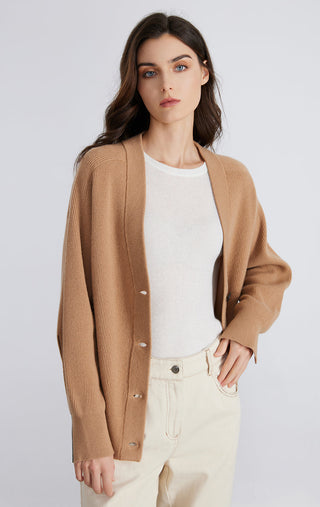 Brown wool ribbed button cardigan front view, open V-neck with dark button closure