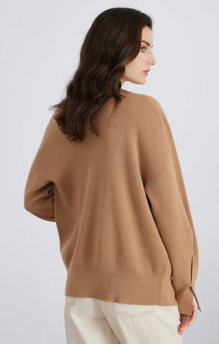 Brown wool ribbed button cardigan back view, long sleeves and textured knit finish