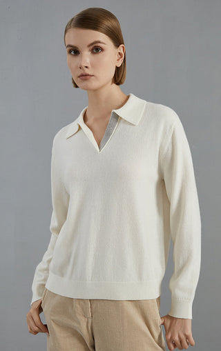 White knit top, collared V-neck with beaded trim, long sleeves