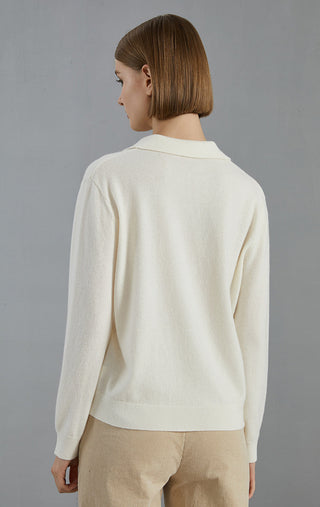 White cashmere knit top, back view with ribbed hem and long sleeves