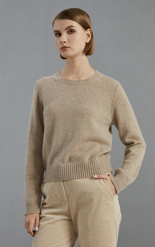 Camel cashmere crew-neck pullover sweater with ribbed hem and cuffs