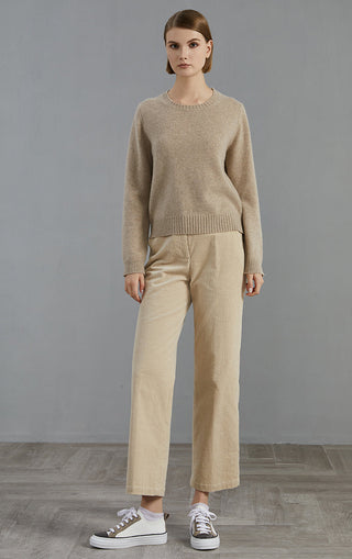 Camel cashmere crew-neck pullover sweater with rib-knit neckline and cuffs