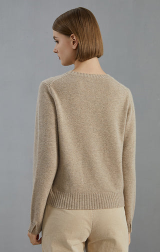 Camel cashmere crew-neck pullover sweater, back view with ribbed hem