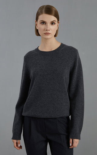 Dark gray cashmere crew-neck pullover sweater with ribbed neckline and cuffs