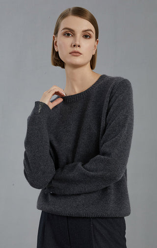 Dark gray cashmere crew-neck sweater, long sleeves with ribbed hem detail