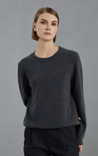 Dark gray cashmere crew-neck pullover sweater with ribbed hem and cuffs