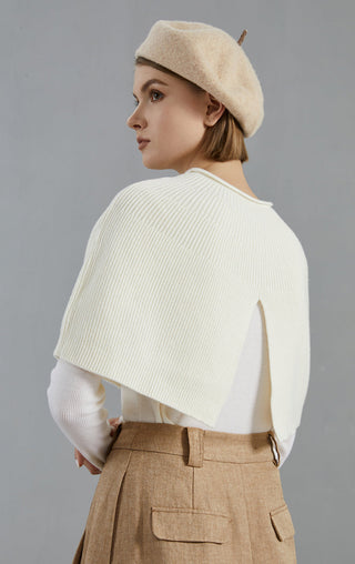 White wool knit poncho, ribbed collar and back side drape