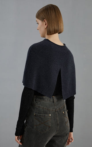 Dark gray wool knit poncho, open side drape with ribbed texture and curved back hem