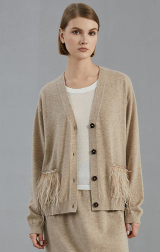 Camel cashmere cardigan with feather fringe cuffs, button front, V-neck, long sleeves