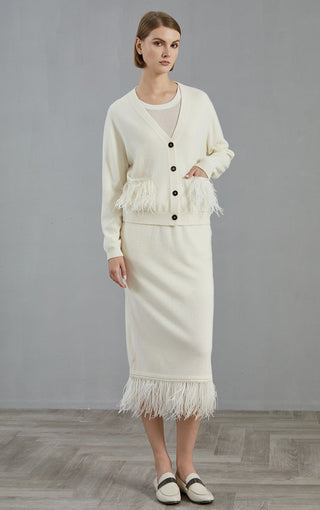White cashmere cardigan set look: button-front top with feather fringe pocket cuffs