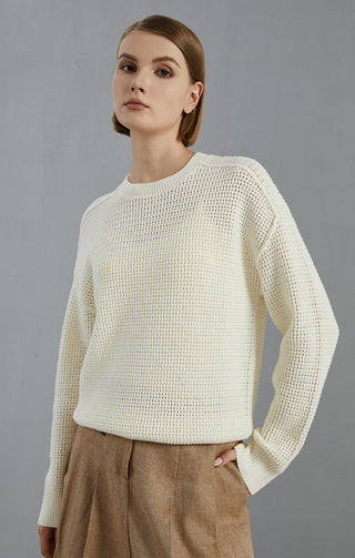 Camel open-mesh wool knit pullover with crew neck, long sleeves, ribbed cuffs and hem