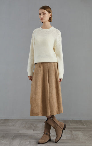 Camel open-mesh wool knit pullover, crew neck sweater with ribbed cuffs and hem