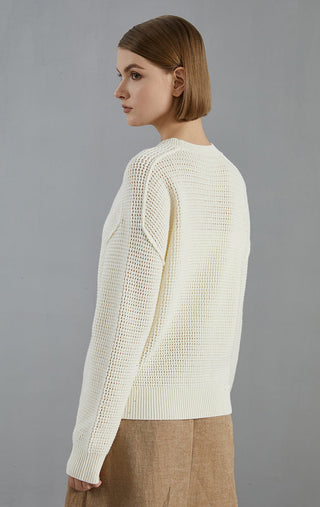 Camel open-mesh wool knit pullover side view with ribbed hem and long sleeves