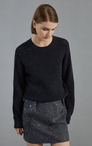 Dark gray open-mesh wool knit pullover with textured stitch pattern; crew neckline