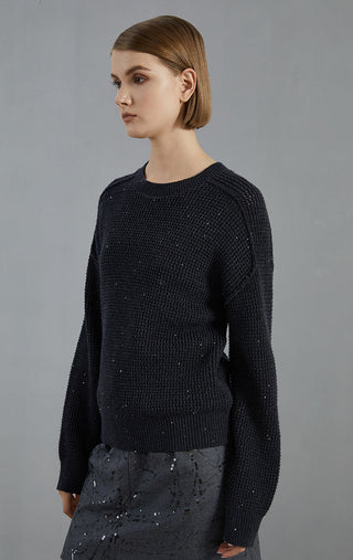 Dark gray open-mesh wool knit pullover side view; ribbed hem and long sleeves