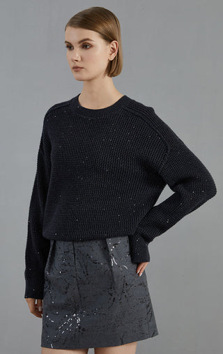 Dark gray open-mesh wool knit pullover with crew neck, long sleeves, ribbed cuffs