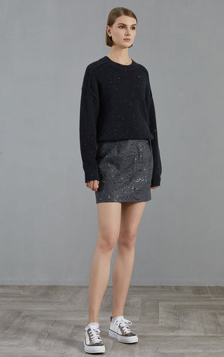 Dark gray open-mesh wool knit pullover, crew neck sweater with long sleeves and ribbed hem