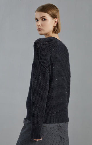 Dark gray open-mesh wool knit pullover back/side view with crew neck and ribbed cuffs
