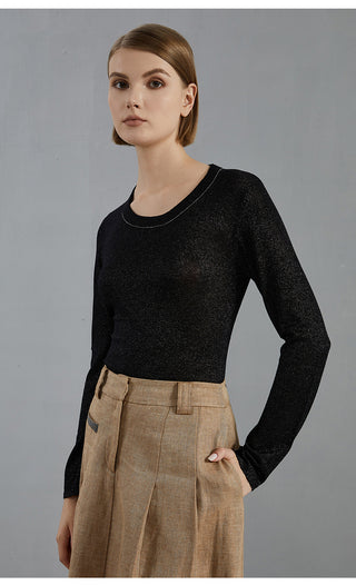 Black wool-blend knit pullover with long sleeves and beaded crew neckline