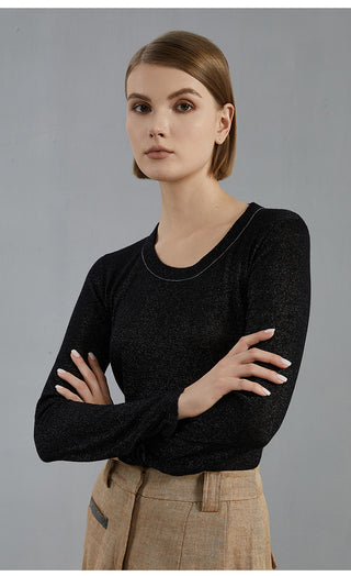 Black wool-blend knit pullover with long sleeves and beaded crew neckline